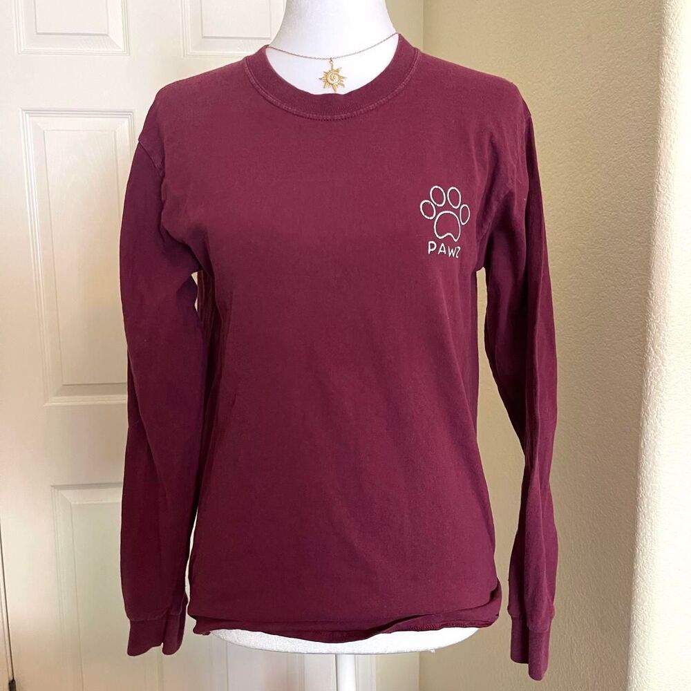 Burgundy long sleeve cotton shirt with white paw print and 'PAWZ' text - small